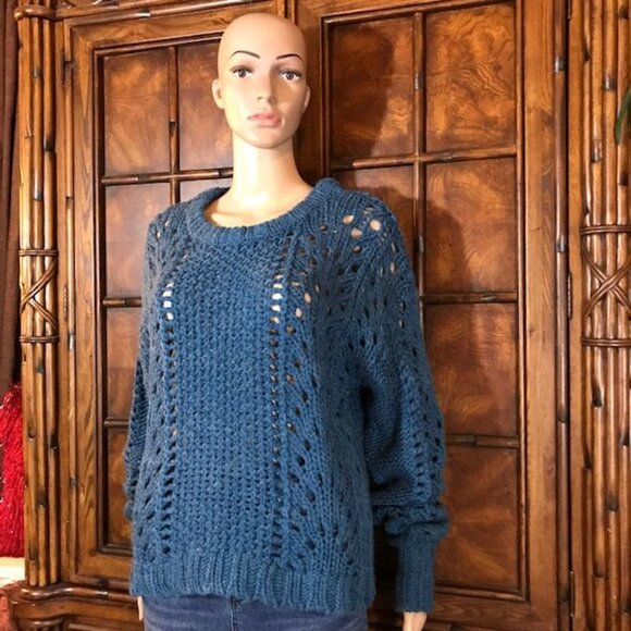NWOT Cable Stitch Mediterranean Blue Wool Blend Open Weave Sweater - Picture 2 of 12